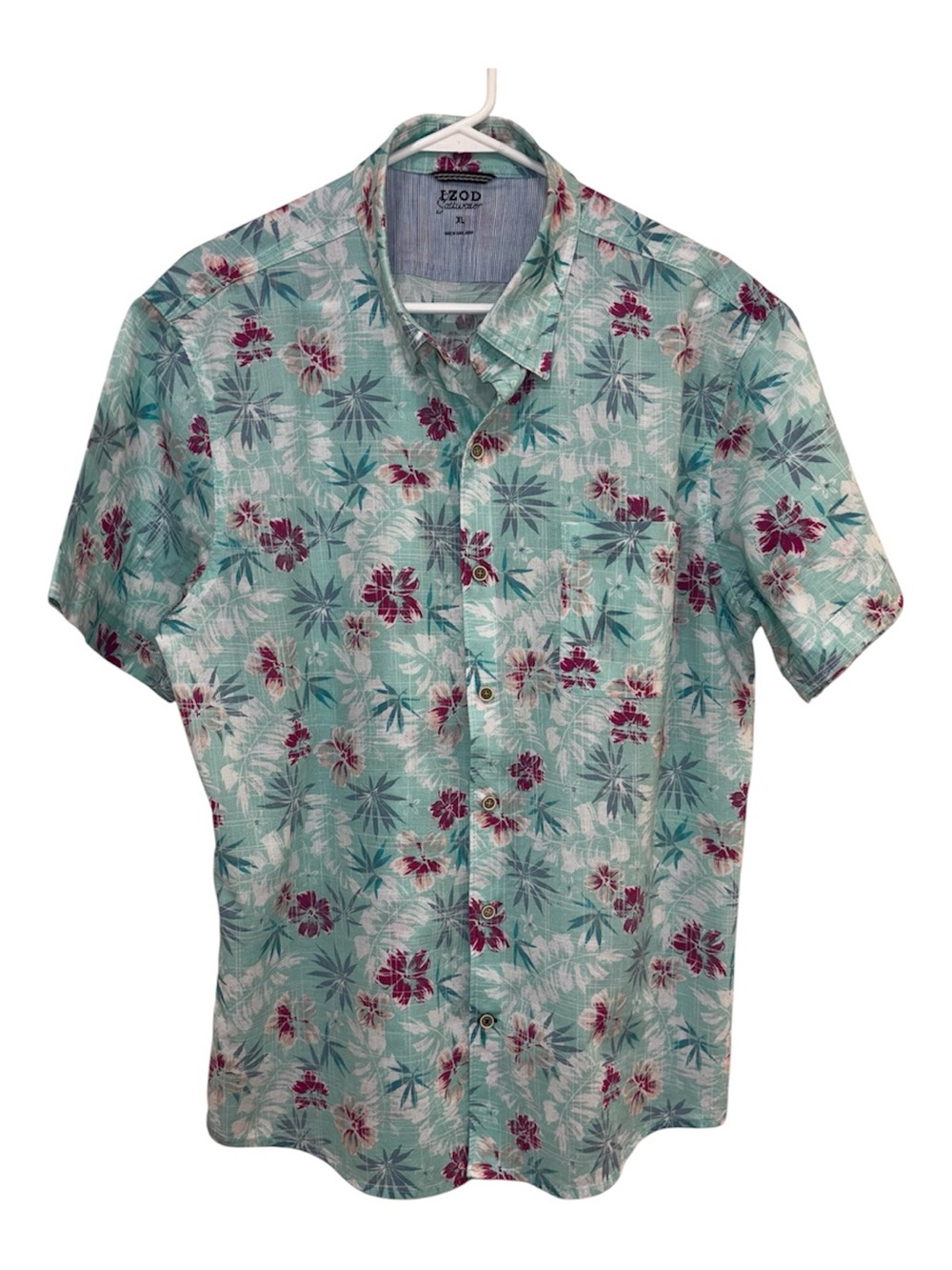 Izod Mint Green Floral Hawaiian Short-Sleeve Button Down Shirt with Pink Accents